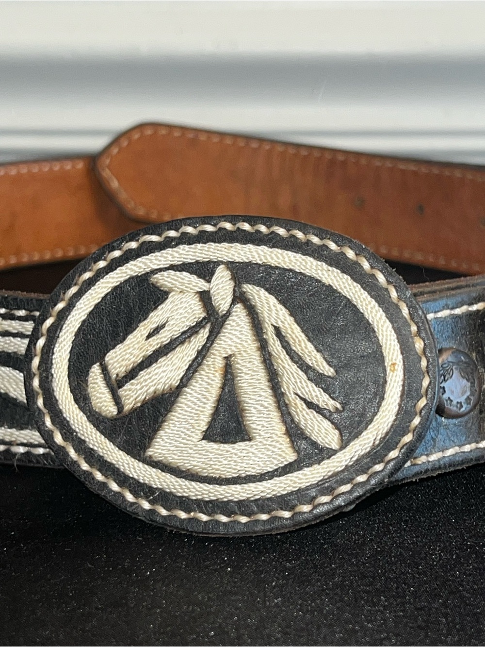 Vintage 49” Men's Black Leather Belt with Embroidered Horse Buckle brand new